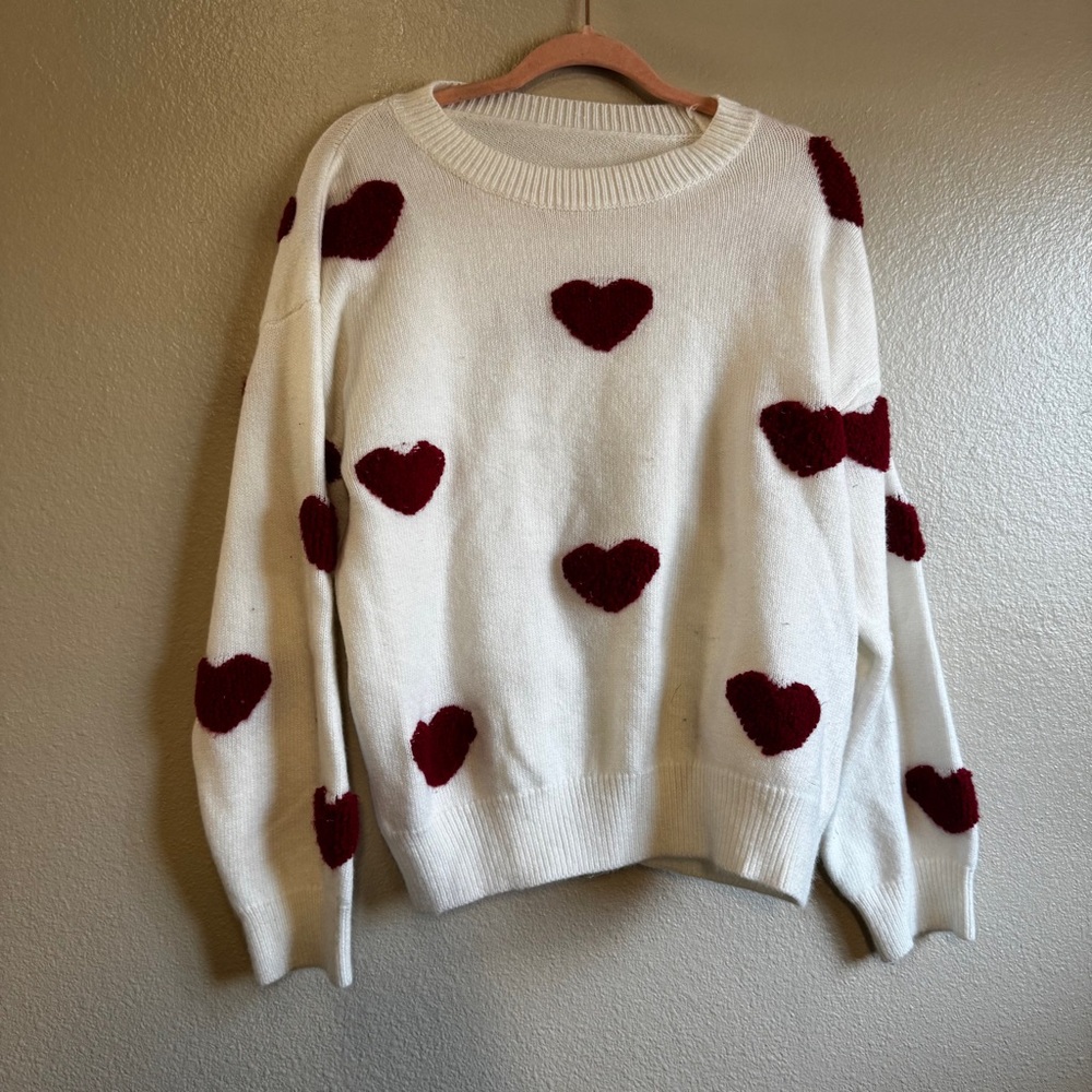 Heart Patterned White and Red Sweater